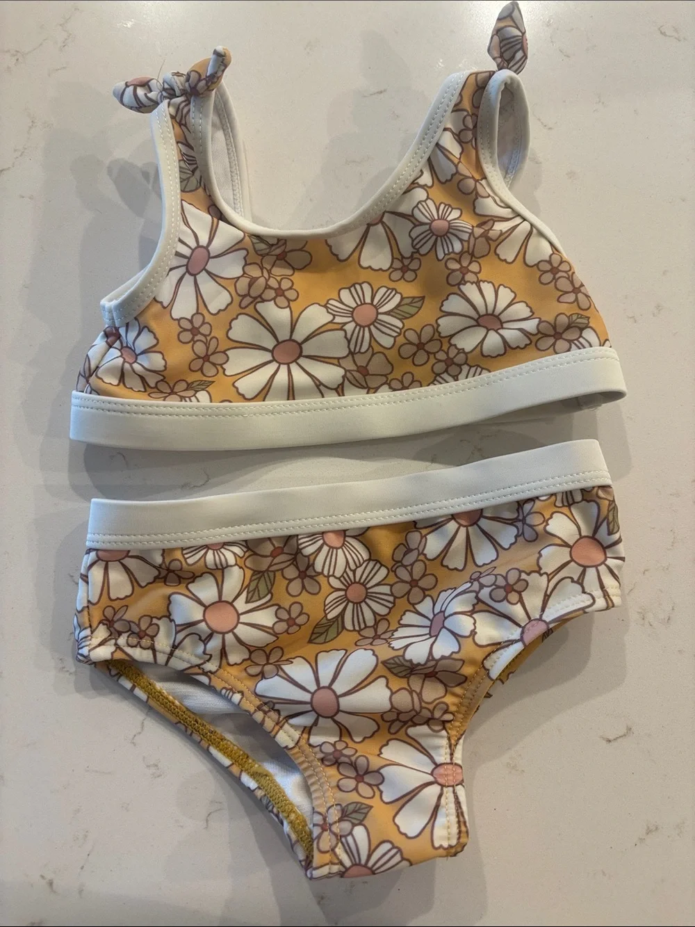 Girls' Yellow Floral Bikini Set with White Trim